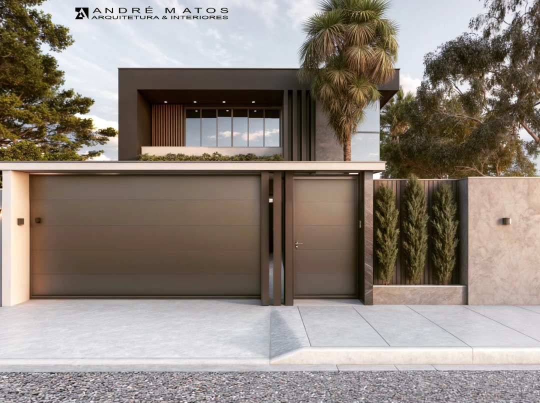Fachada de sobrado moderno com garagem ampla e paisagismo vertical